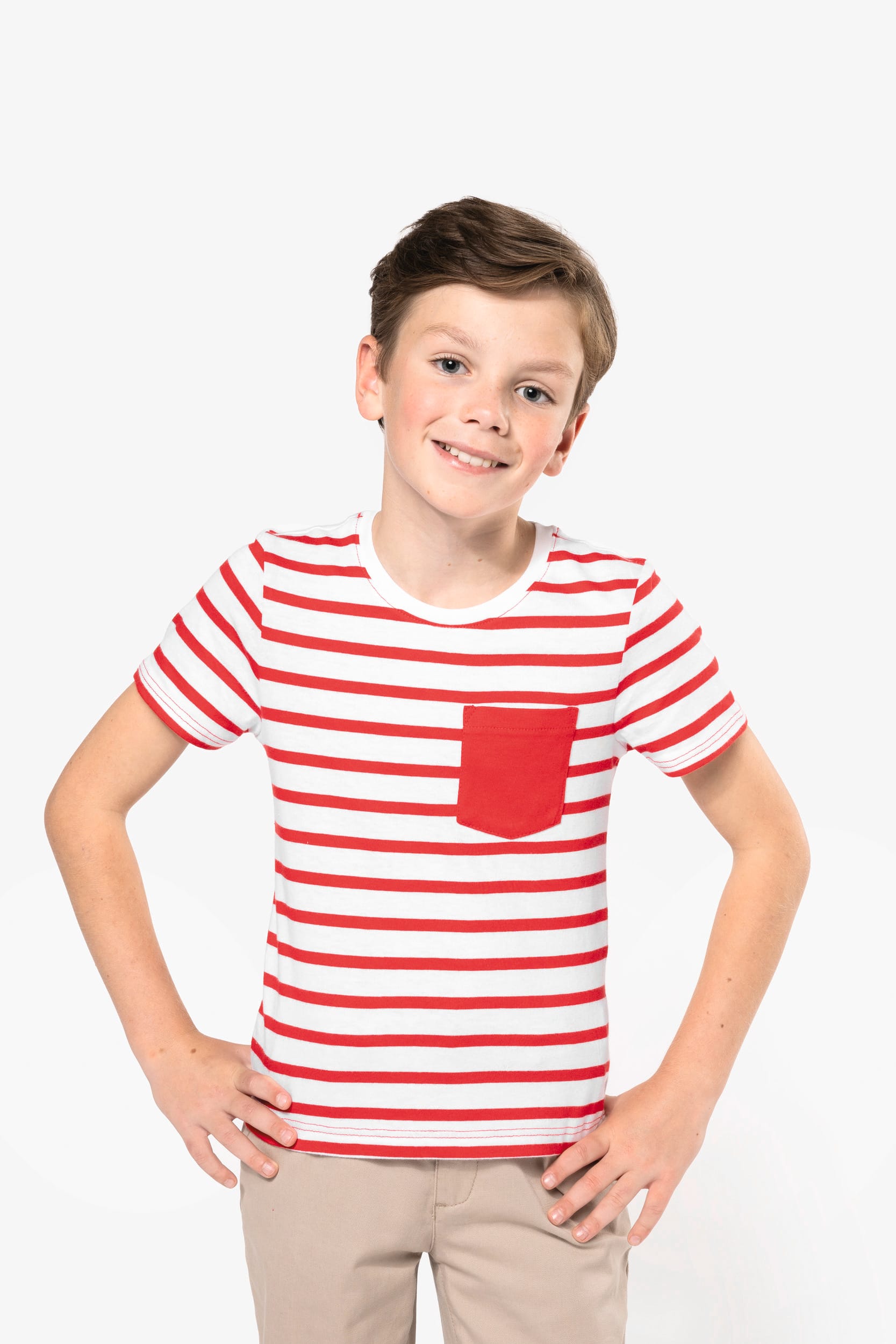 Gestreiftes Kurzarm-T-Shirt mit Tasche für Kinder im Marine-Stil