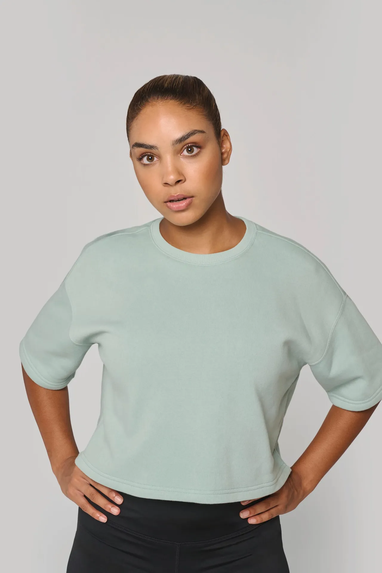Damen Cropped-Sweatshirt mit kurzen Ärmeln und Rundhalsausschnitt