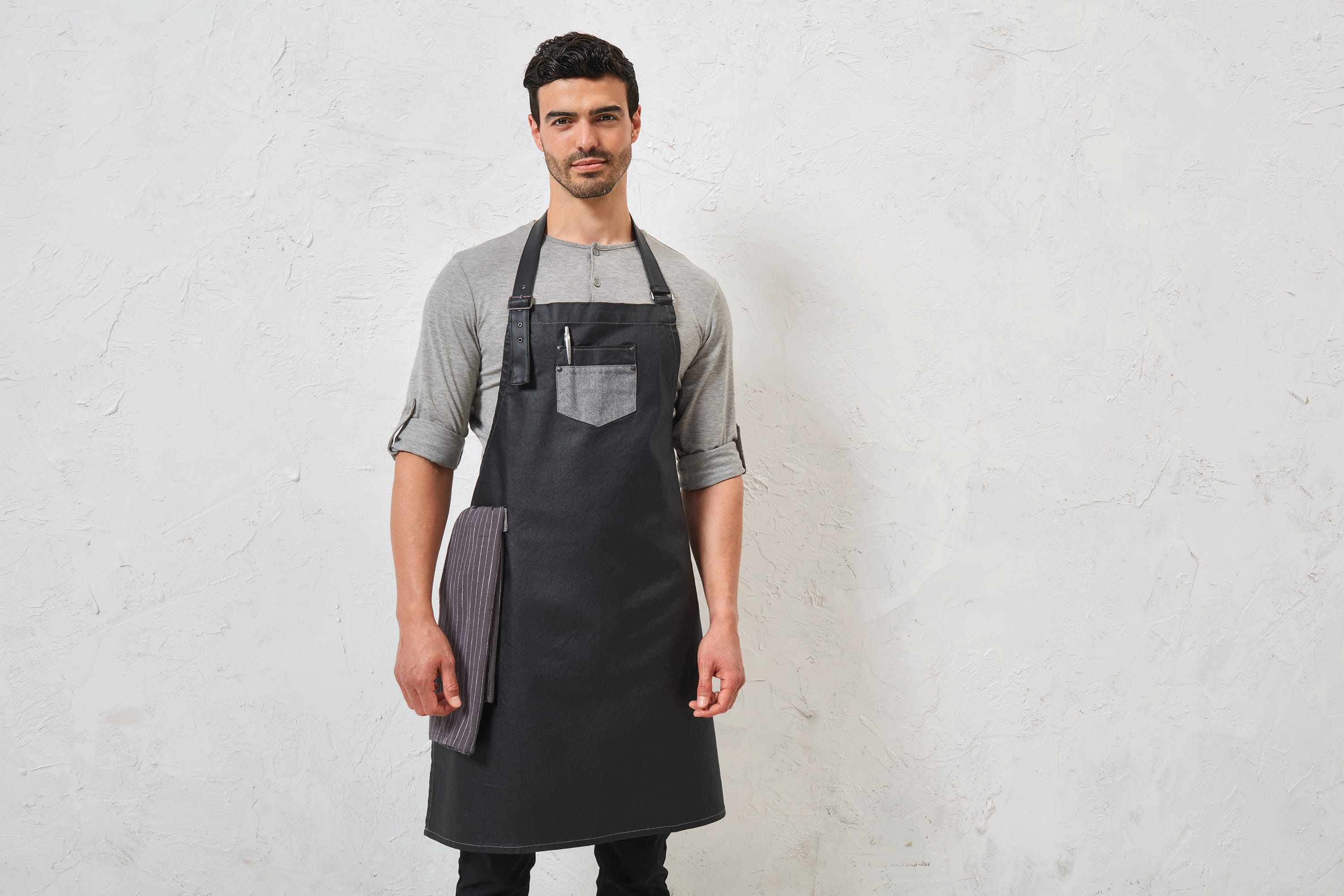 Division - Waxed look denim bib apron with faux leather