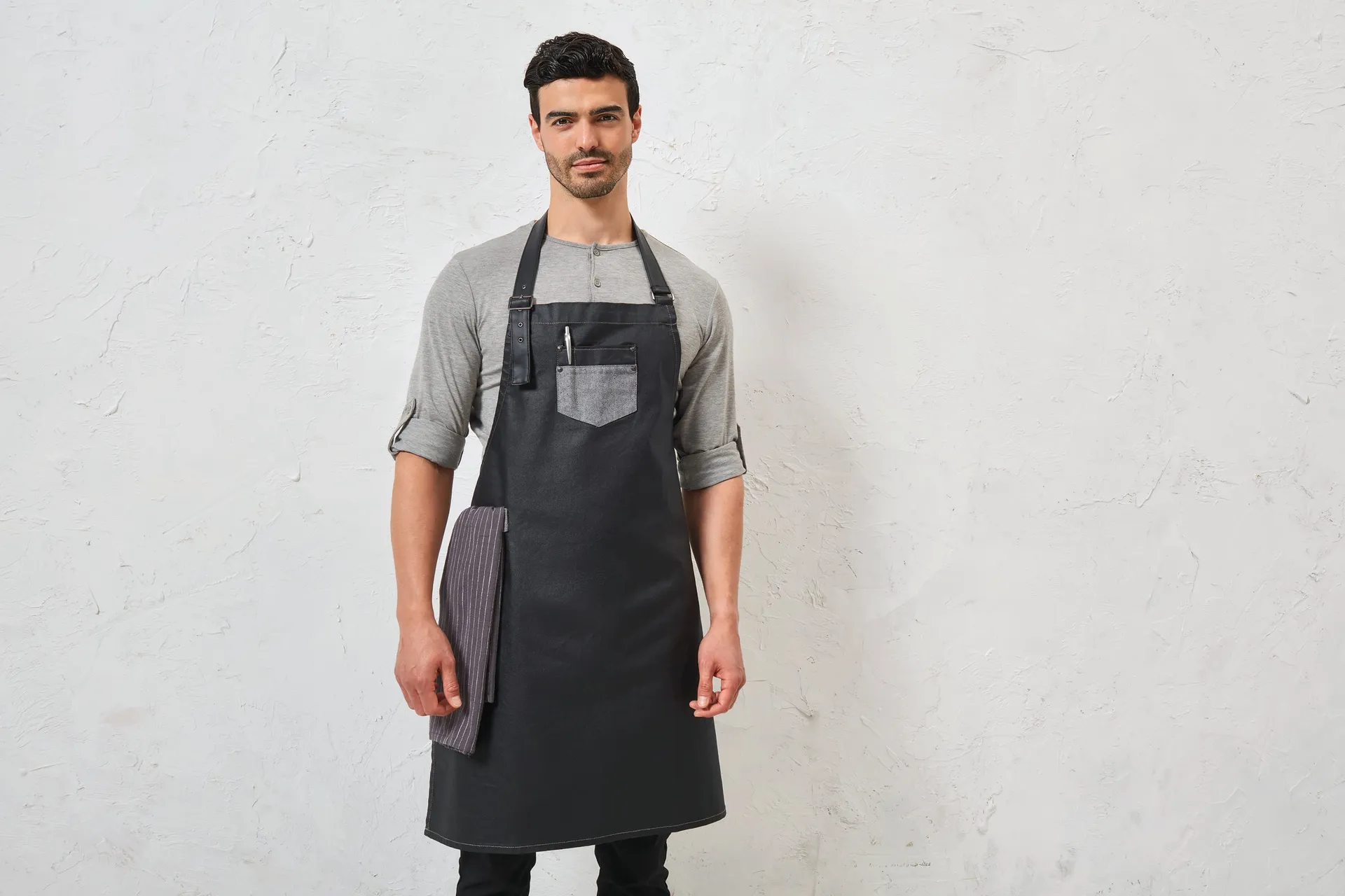 Division - Waxed look denim bib apron with faux leather